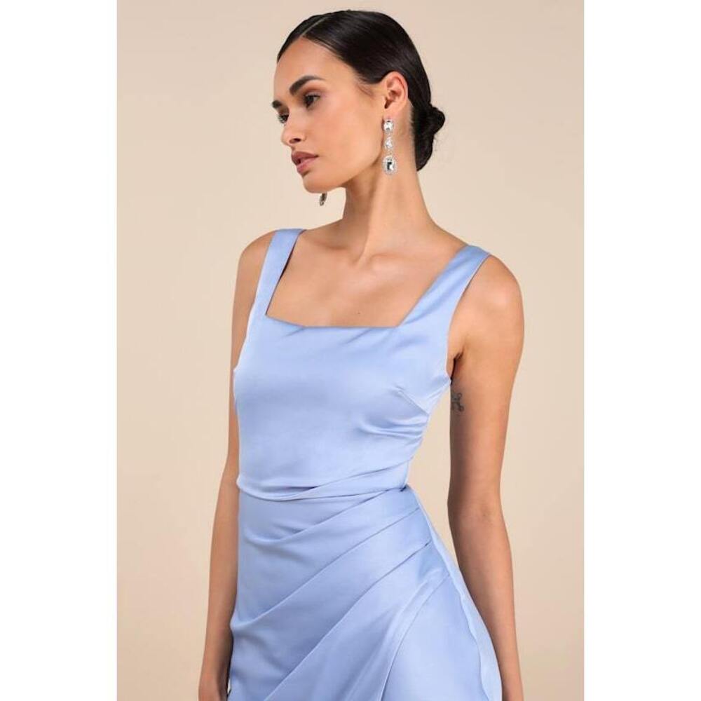Lulus Red Carpet Romance Light Blue Satin Square Neck Maxi Dress - Size XL
